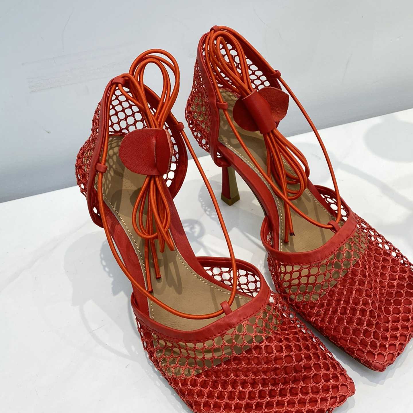 Bottega Veneta Red Mesh Square Toe Ankle Wrap Sandals - FashionPlug