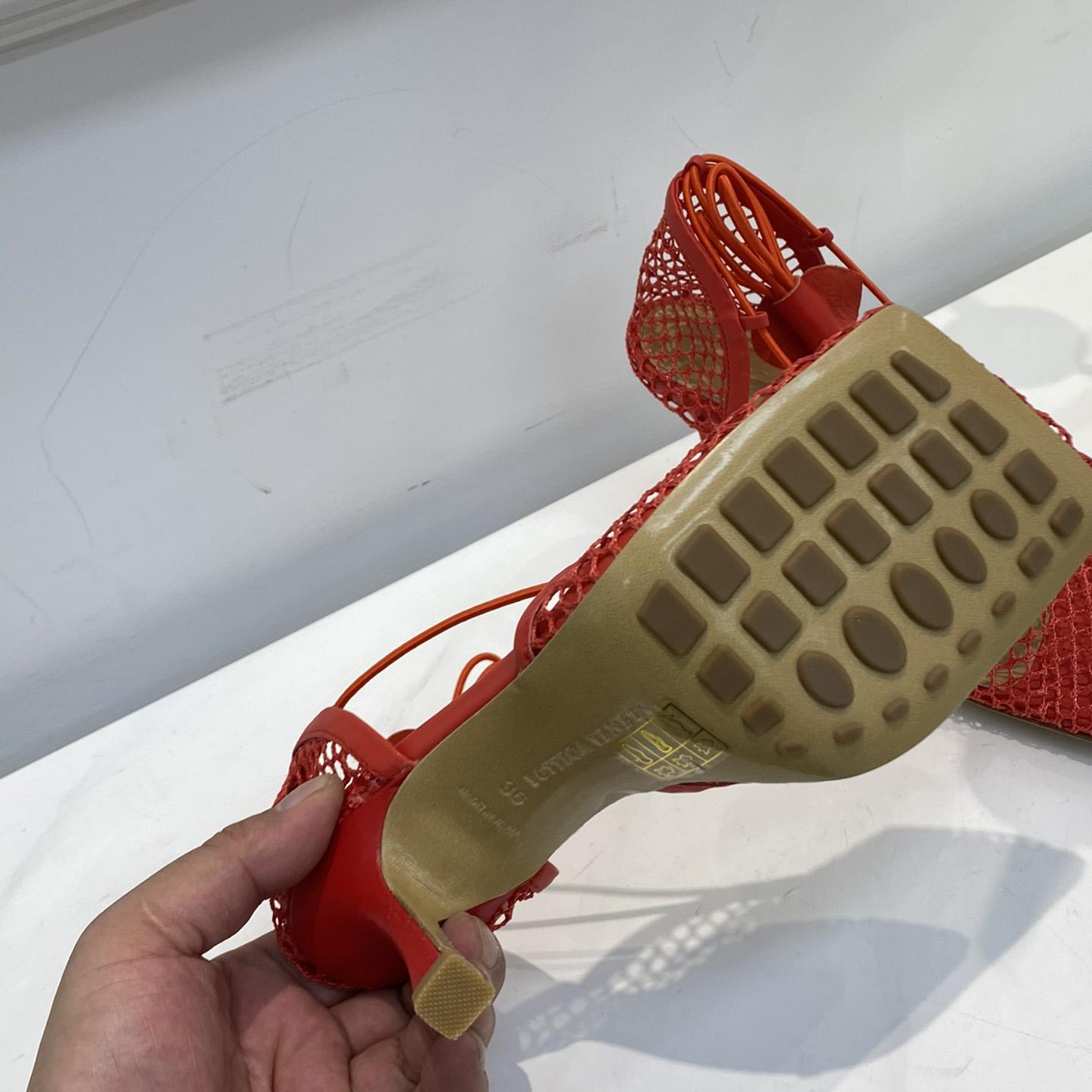 Bottega Veneta Red Mesh Square Toe Ankle Wrap Sandals - FashionPlug