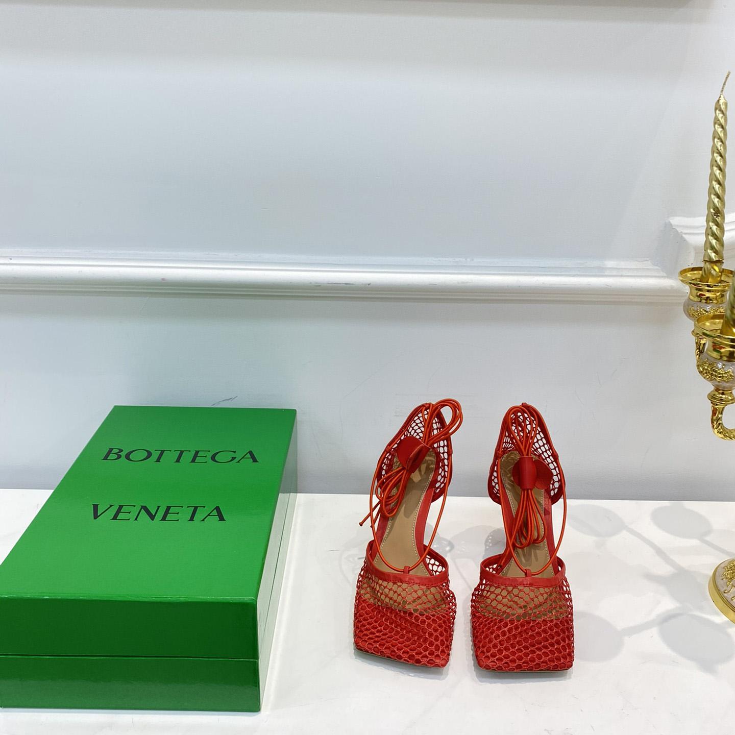 Bottega Veneta Red Mesh Square Toe Ankle Wrap Sandals - FashionPlug