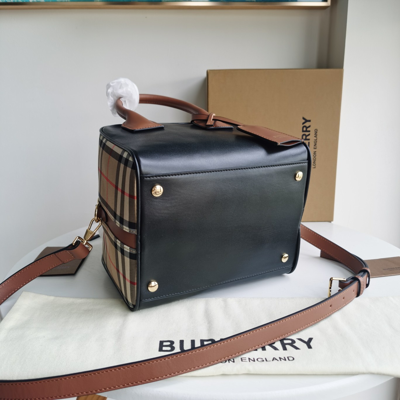 Burberry Cube Bag Leather With Vintage Check   W34 x H21 x D19cm - FashionPlug
