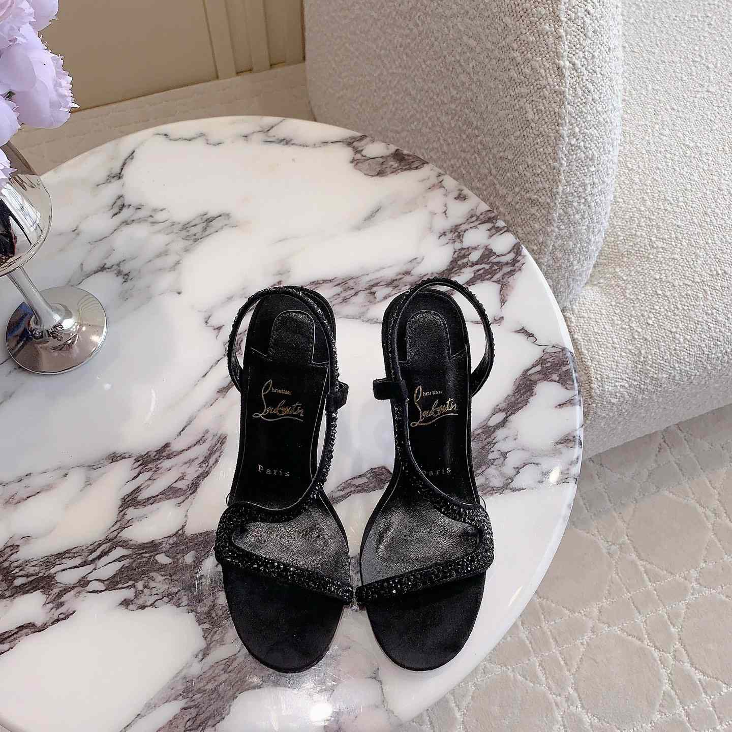 Christian Louboutin Black Suede Crystal Embellished Rosalie Sandals - FashionPlug
