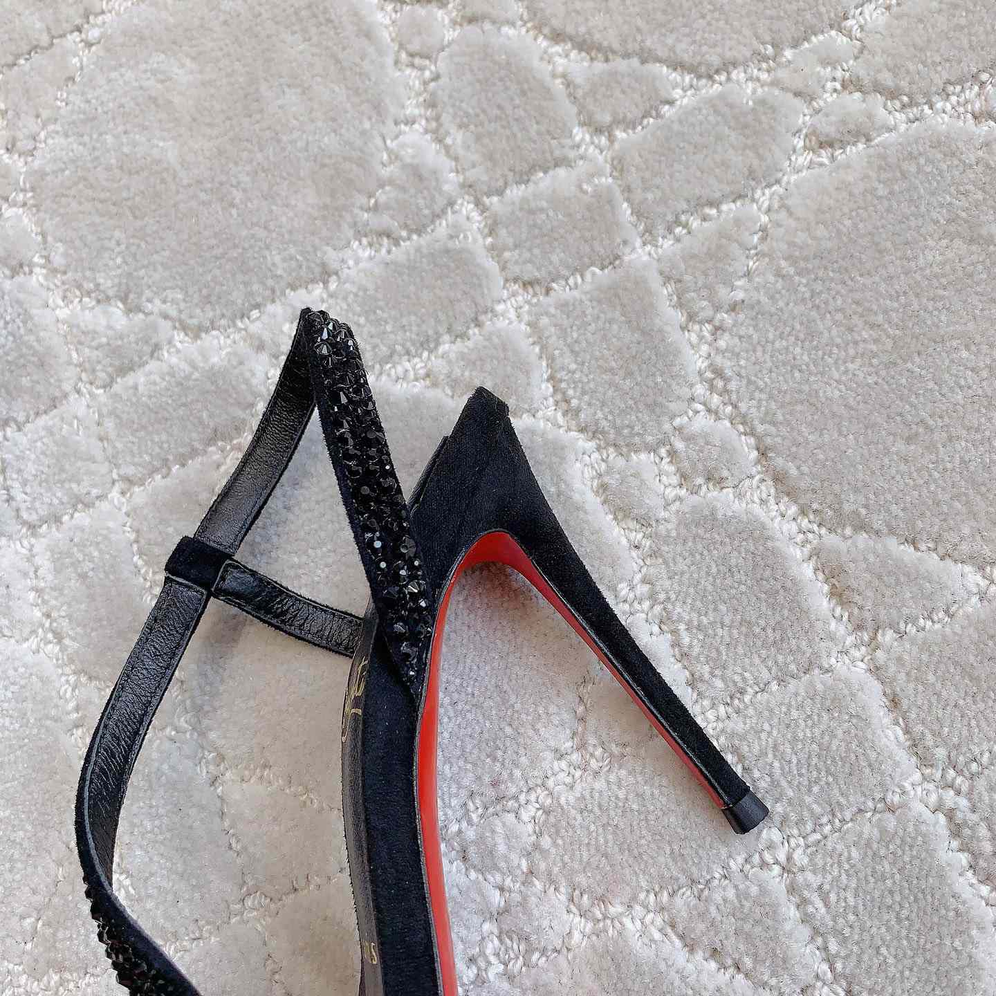 Christian Louboutin Black Suede Crystal Embellished Rosalie Sandals - FashionPlug