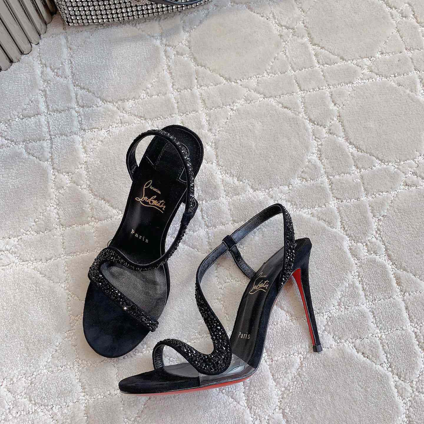 Christian Louboutin Black Suede Crystal Embellished Rosalie Sandals - FashionPlug