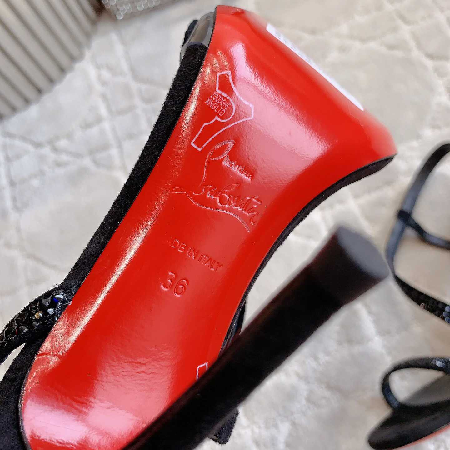 Christian Louboutin Black Suede Crystal Embellished Rosalie Sandals - FashionPlug