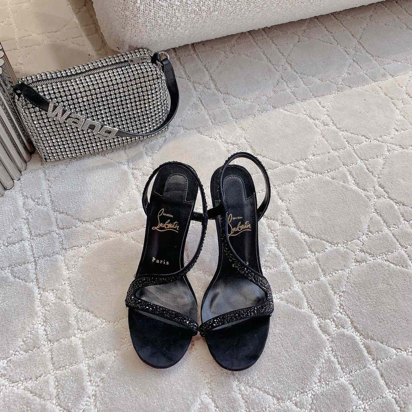 Christian Louboutin Black Suede Crystal Embellished Rosalie Sandals - FashionPlug