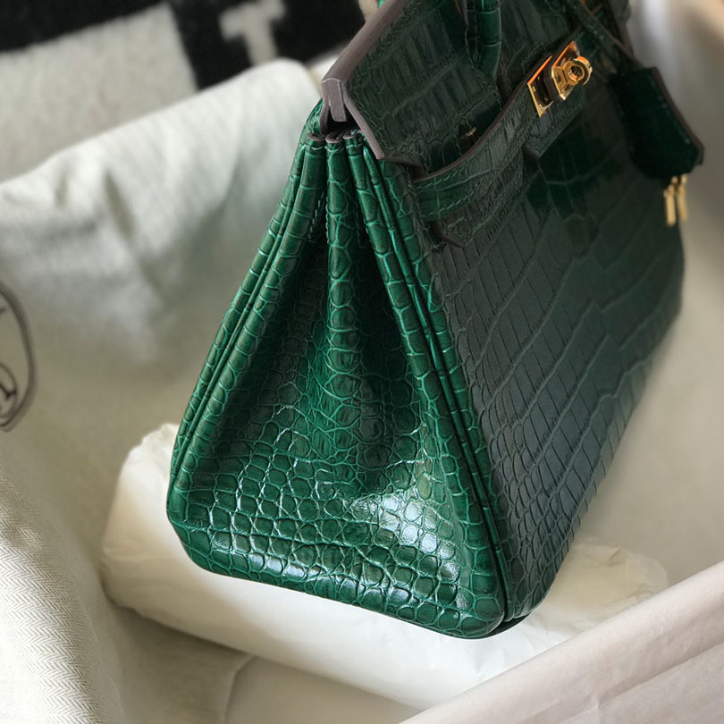 Hermes Birkin 25 Emeraude Porosus Lisse Shiny Gold Hardware (25-20-13cm) - FashionPlug