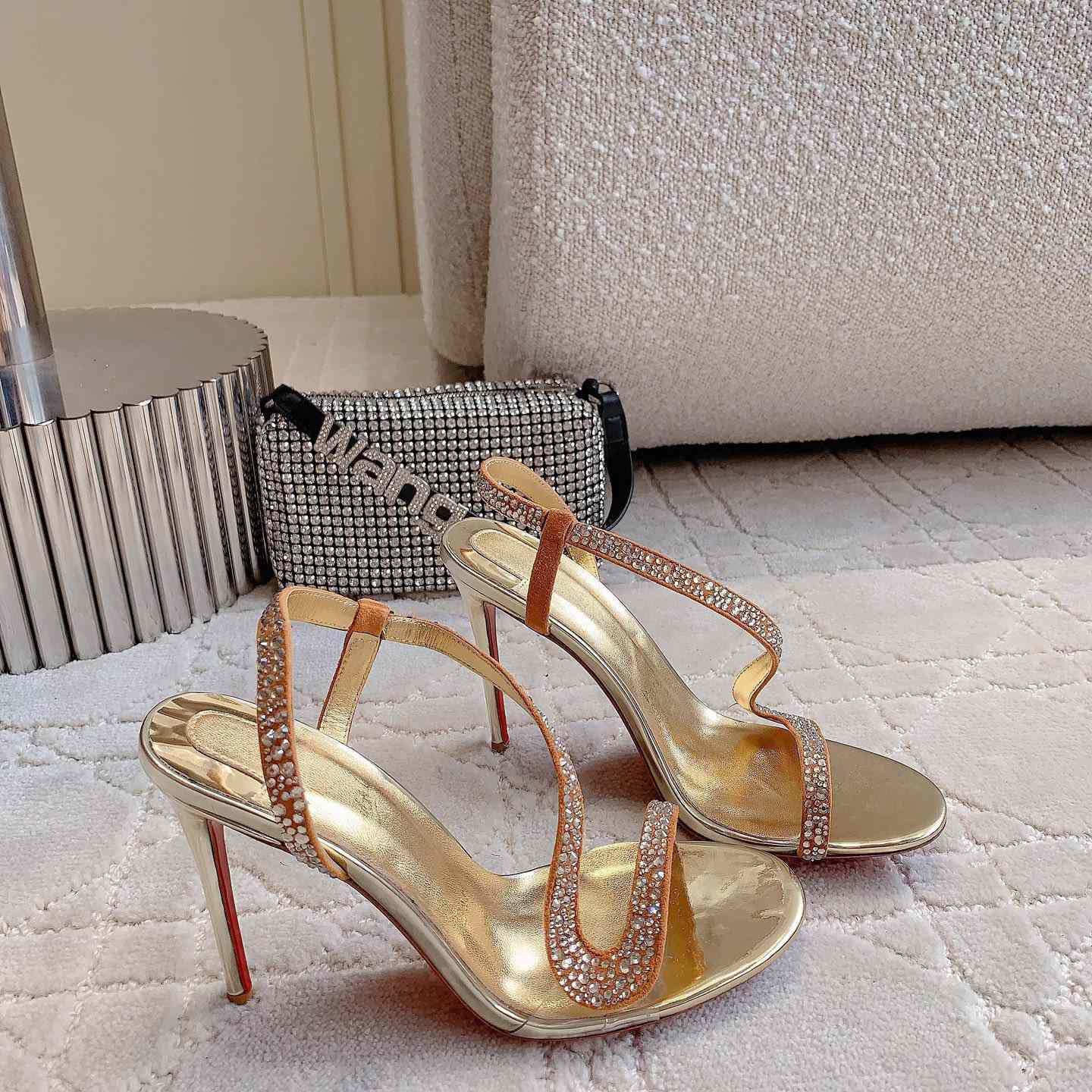 Christian Louboutin Gold Suede Crystal Embellished Rosalie Sandals - FashionPlug