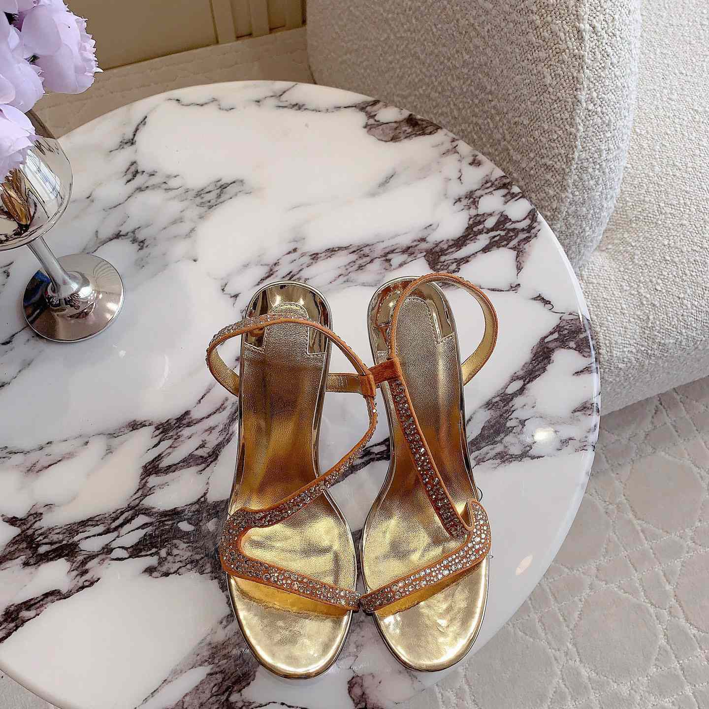 Christian Louboutin Gold Suede Crystal Embellished Rosalie Sandals - FashionPlug