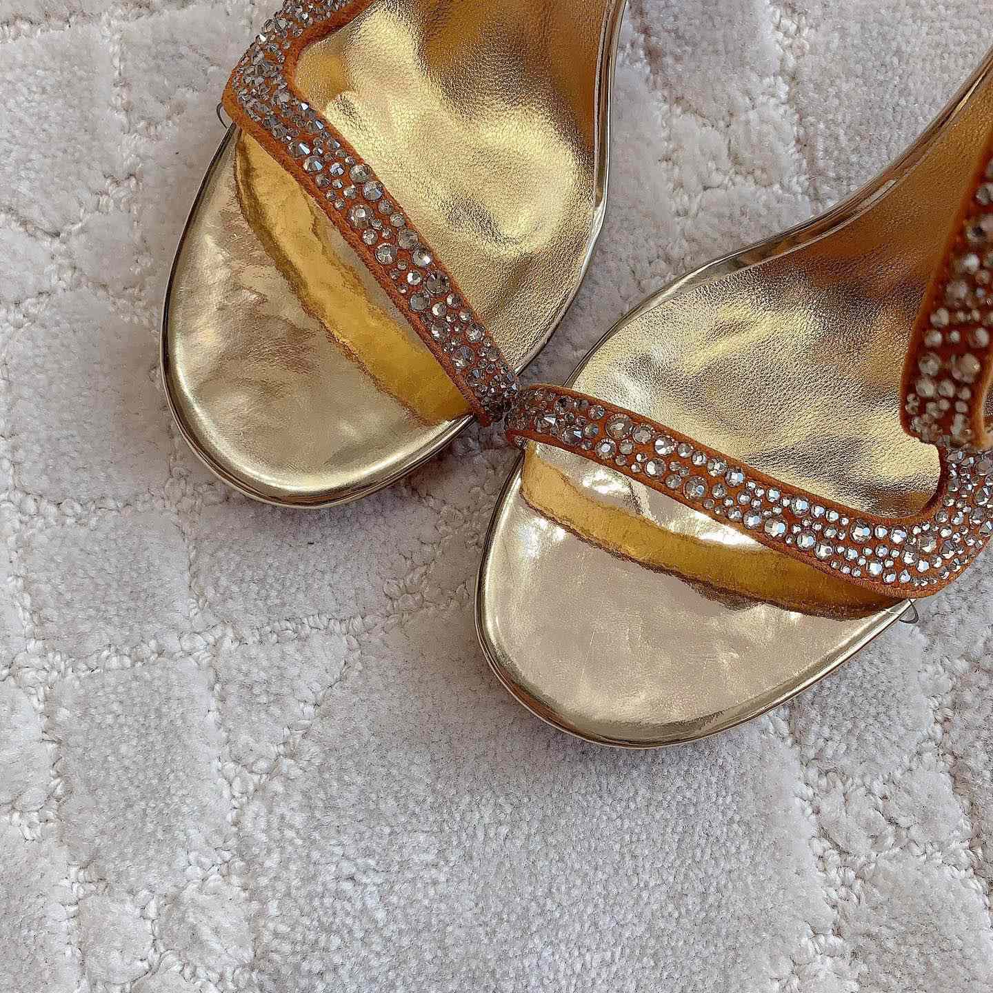 Christian Louboutin Gold Suede Crystal Embellished Rosalie Sandals - FashionPlug