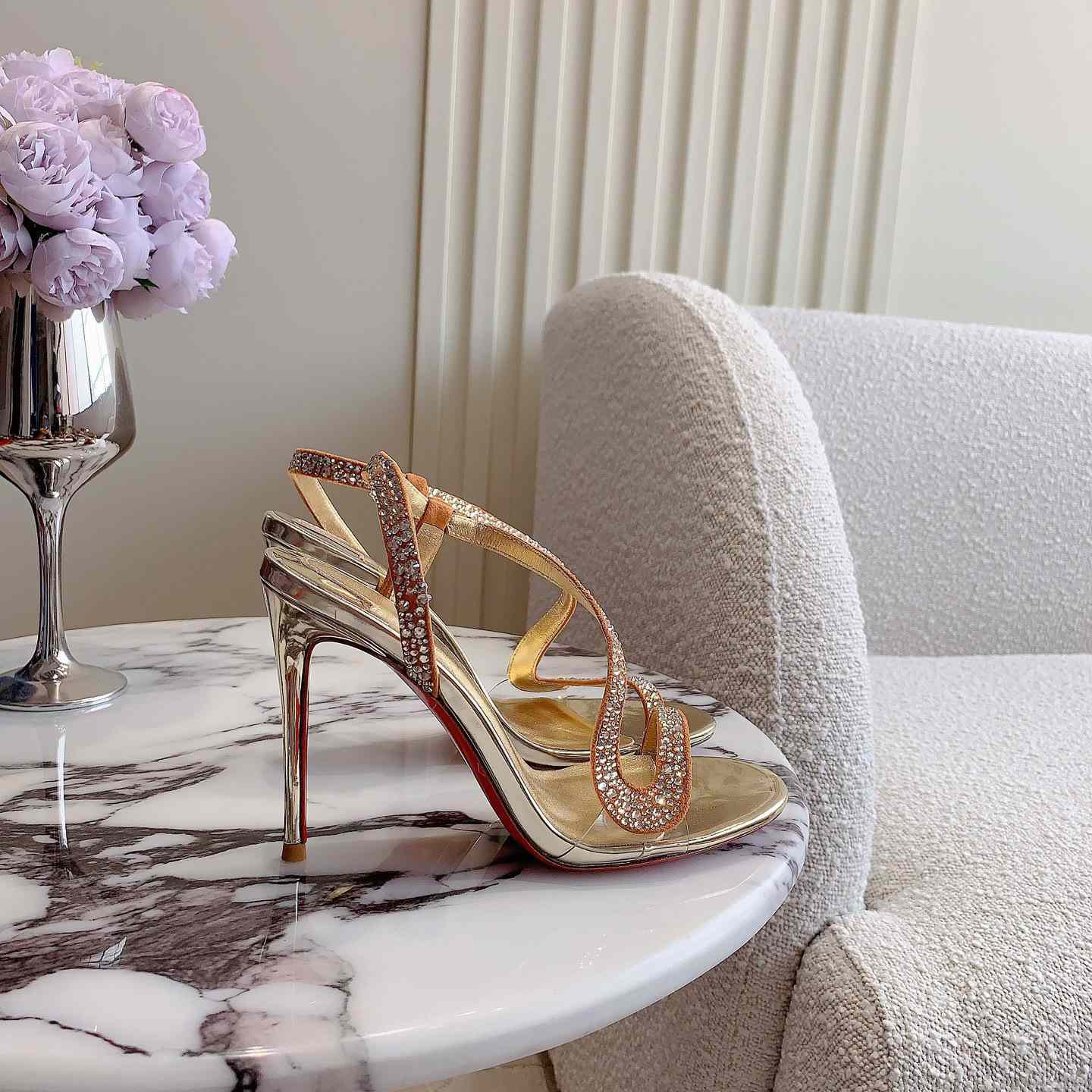 Christian Louboutin Gold Suede Crystal Embellished Rosalie Sandals - FashionPlug