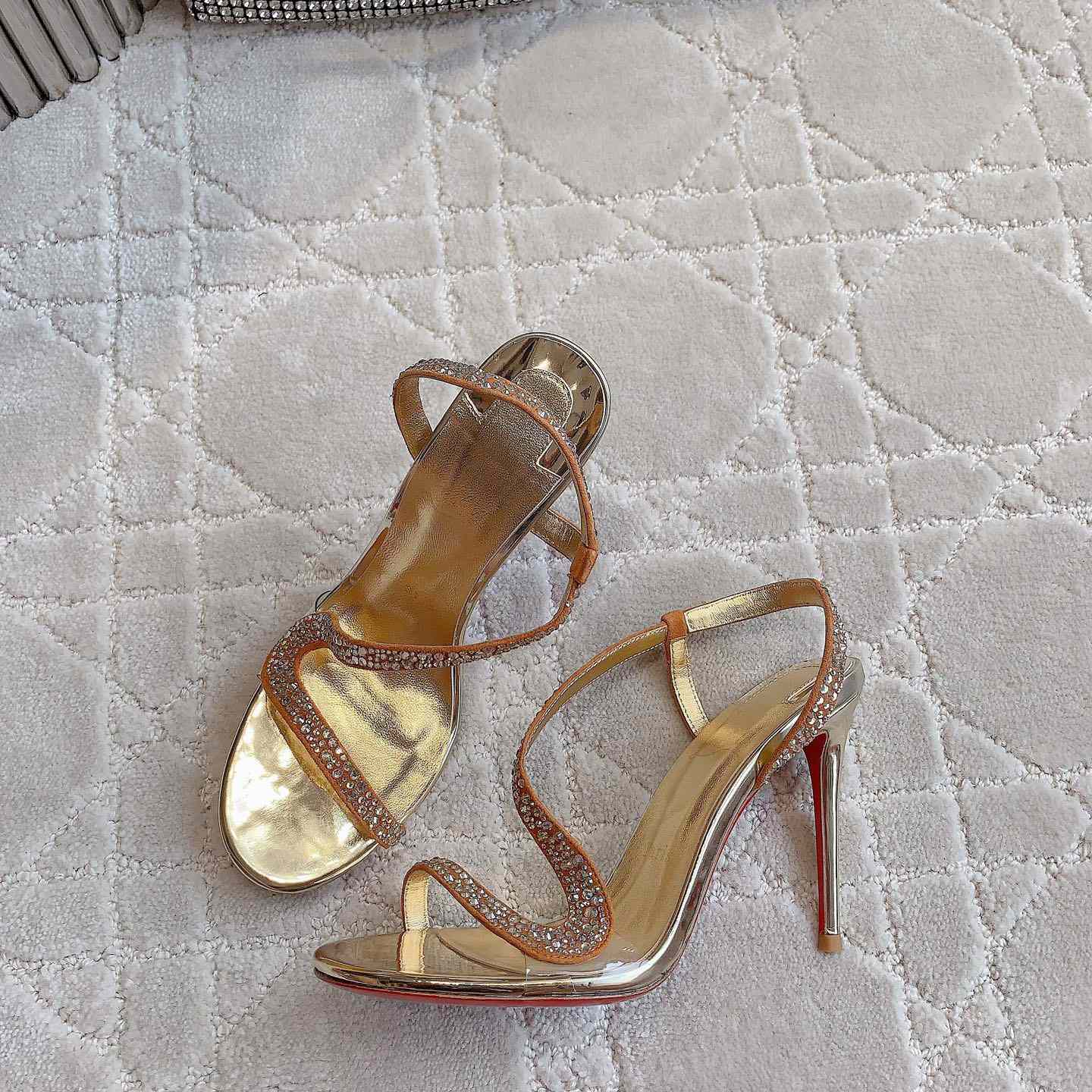 Christian Louboutin Gold Suede Crystal Embellished Rosalie Sandals - FashionPlug