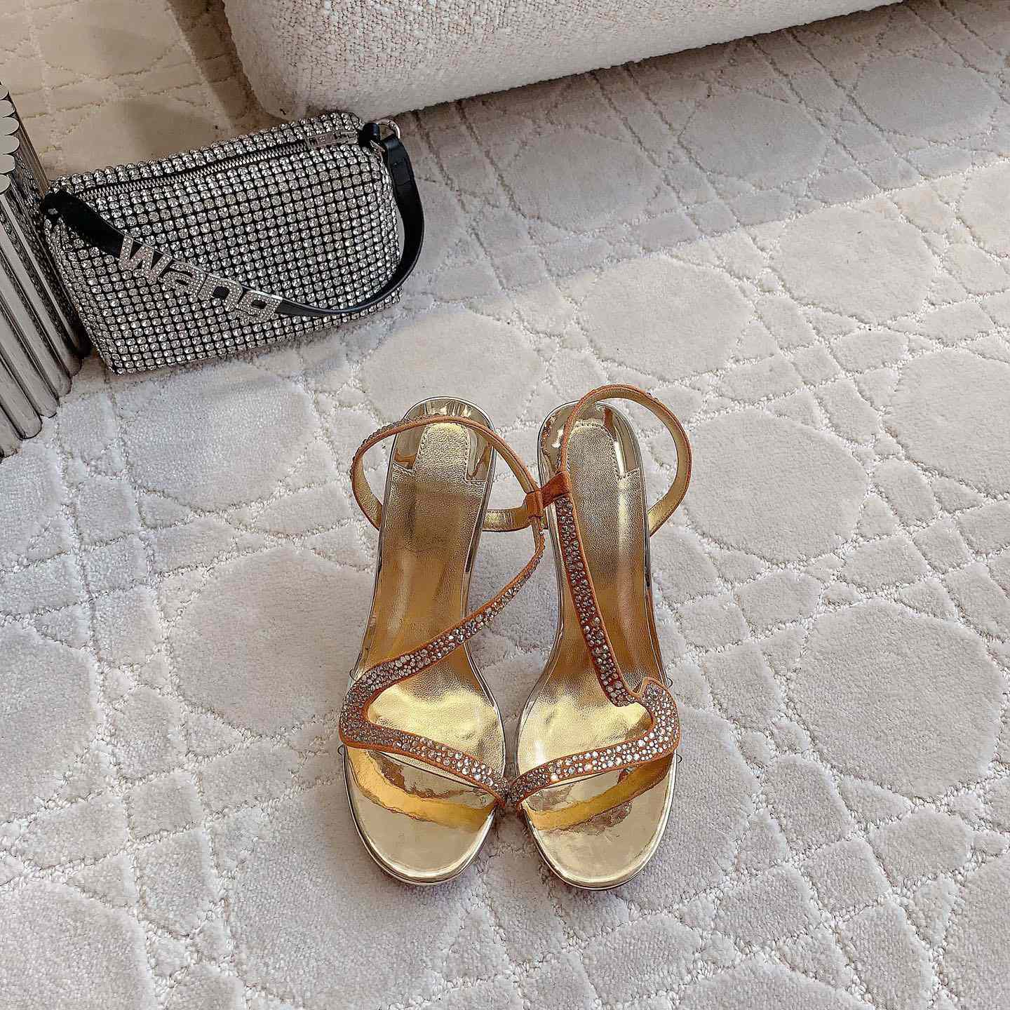 Christian Louboutin Gold Suede Crystal Embellished Rosalie Sandals - FashionPlug