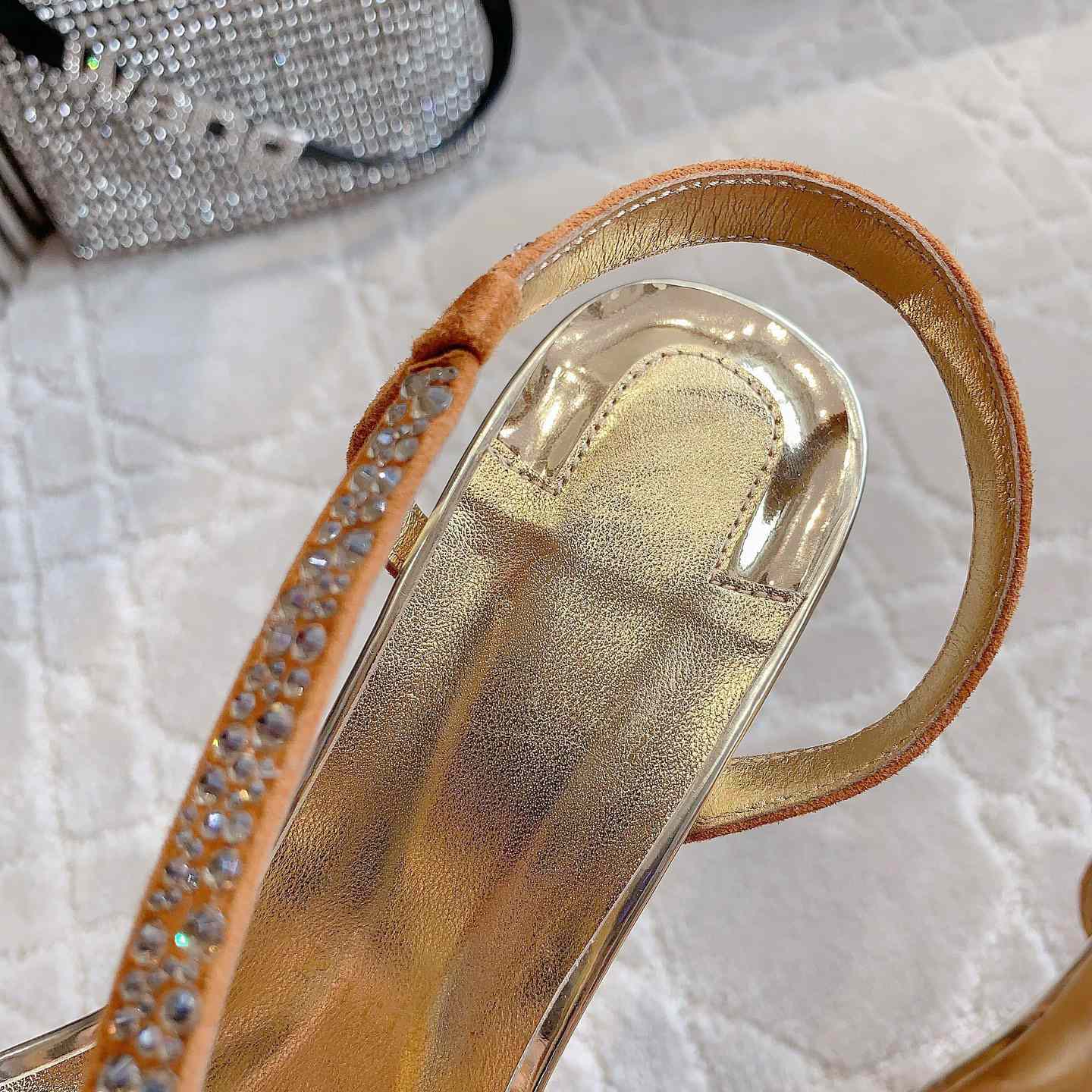 Christian Louboutin Gold Suede Crystal Embellished Rosalie Sandals - FashionPlug
