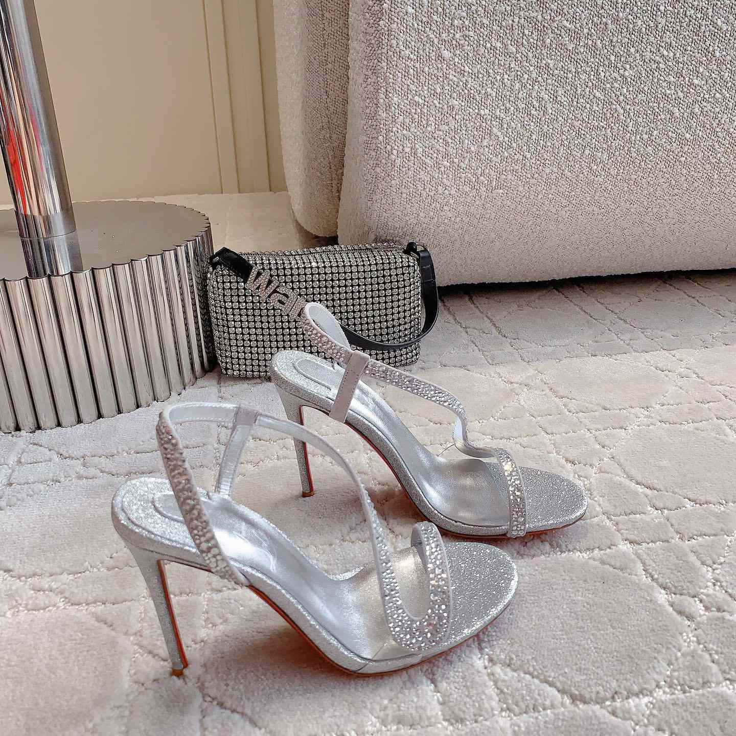 Christian Louboutin Silvery Suede Crystal Embellished Rosalie Sandals - FashionPlug