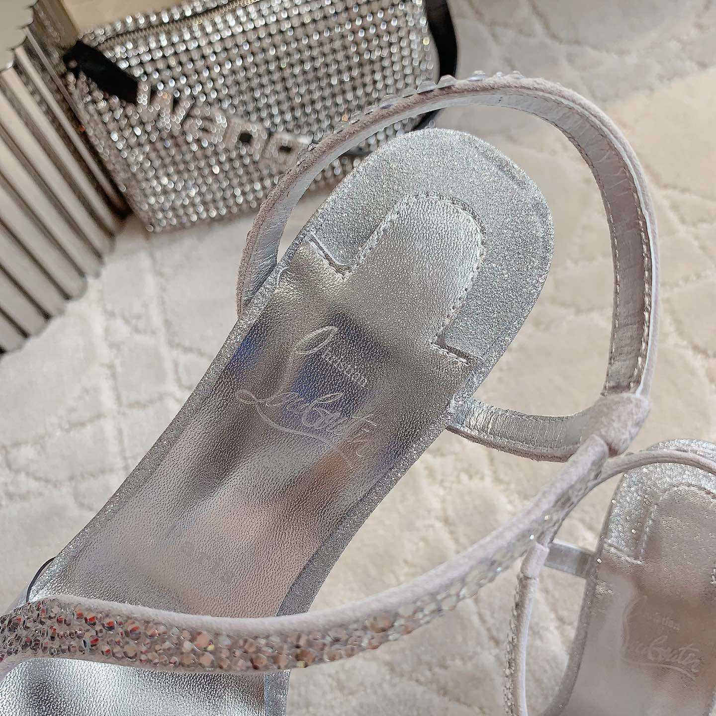 Christian Louboutin Silvery Suede Crystal Embellished Rosalie Sandals - FashionPlug