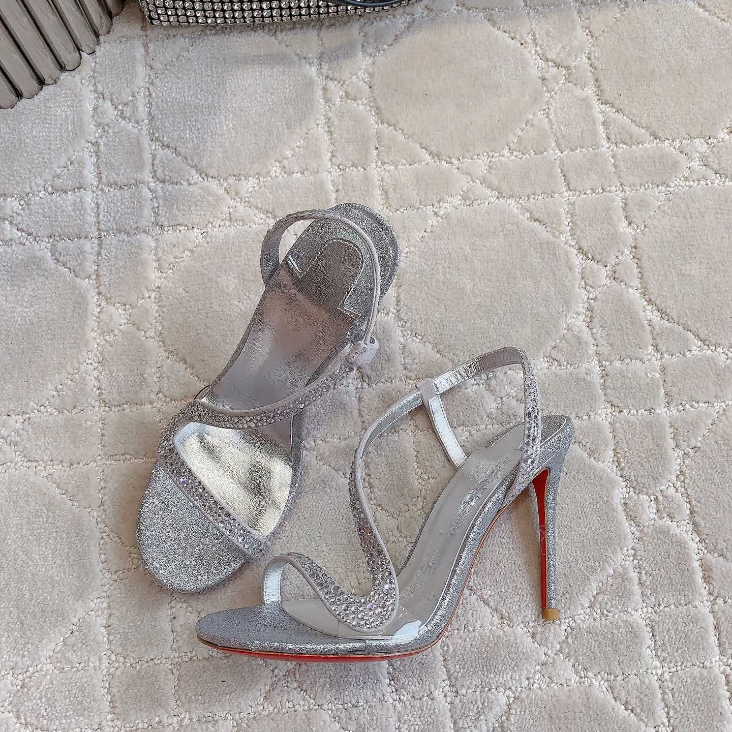 Christian Louboutin Silvery Suede Crystal Embellished Rosalie Sandals - FashionPlug