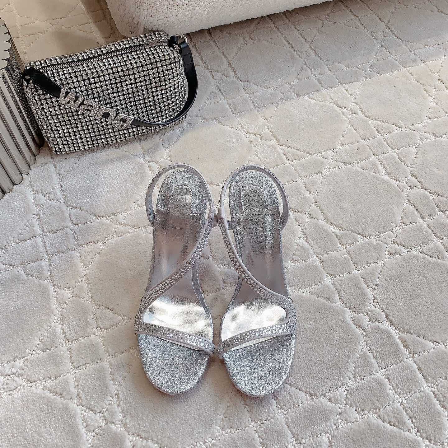 Christian Louboutin Silvery Suede Crystal Embellished Rosalie Sandals - FashionPlug
