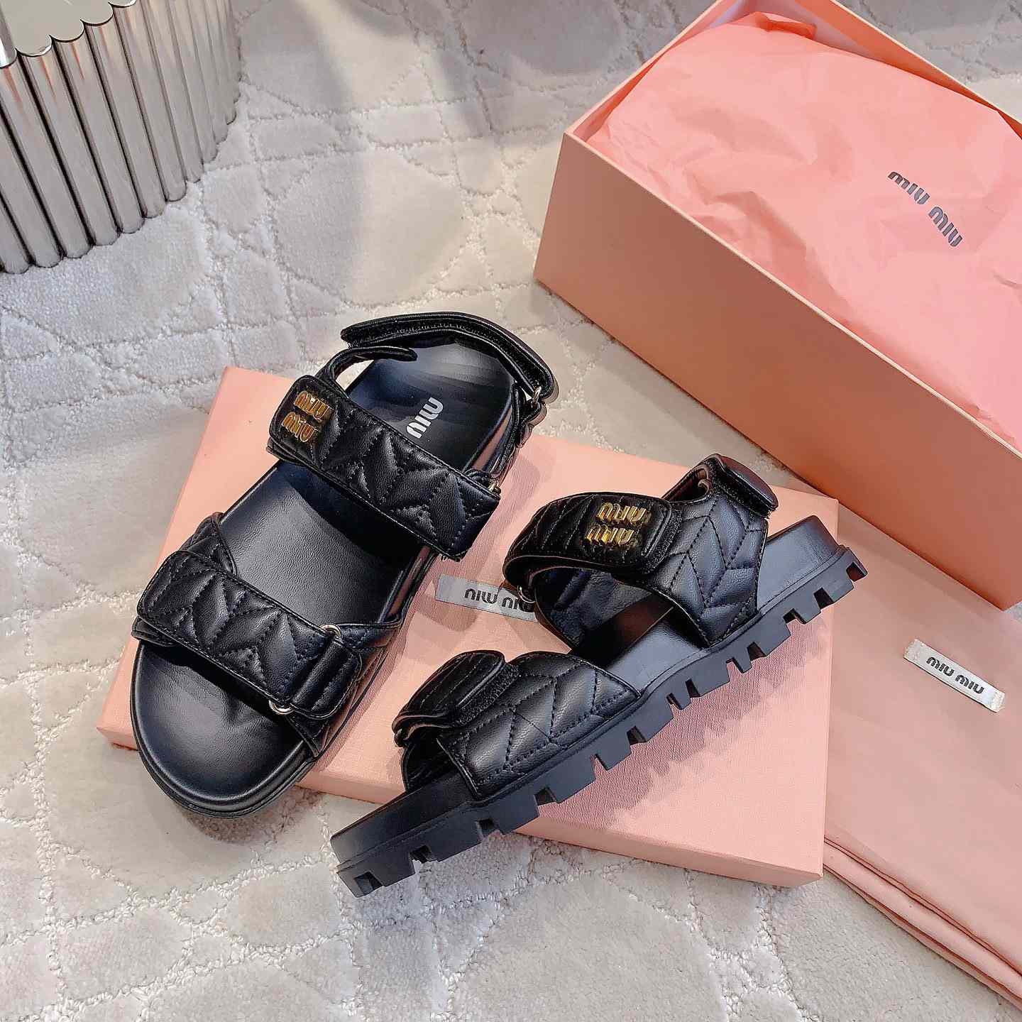 Miu Miu Sporty Matelassé Nappa Leather Sandals - FashionPlug