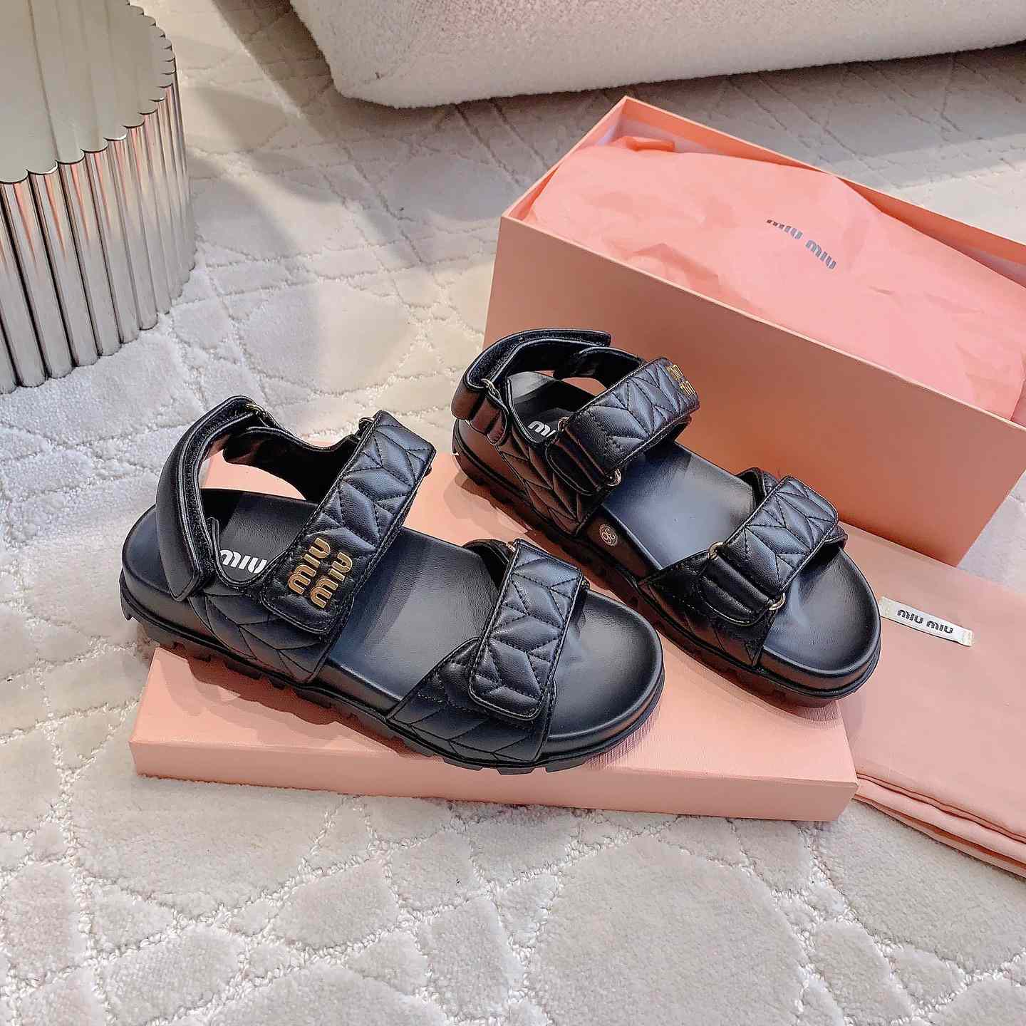 Miu Miu Sporty Matelassé Nappa Leather Sandals - FashionPlug