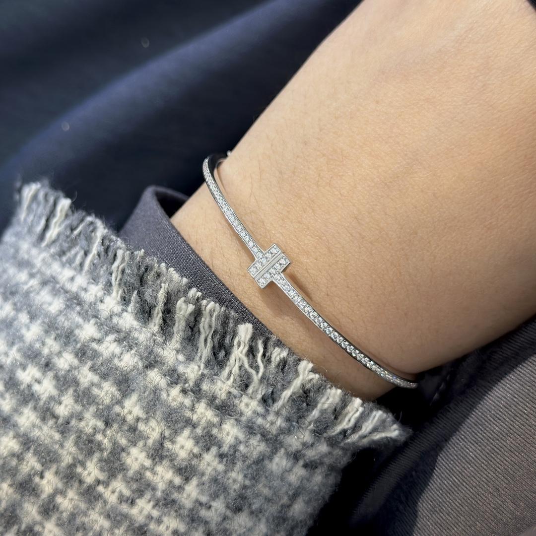 Tiffany & Co. 18K White Gold T Hinged Wire Bangle Bracelet - FashionPlug
