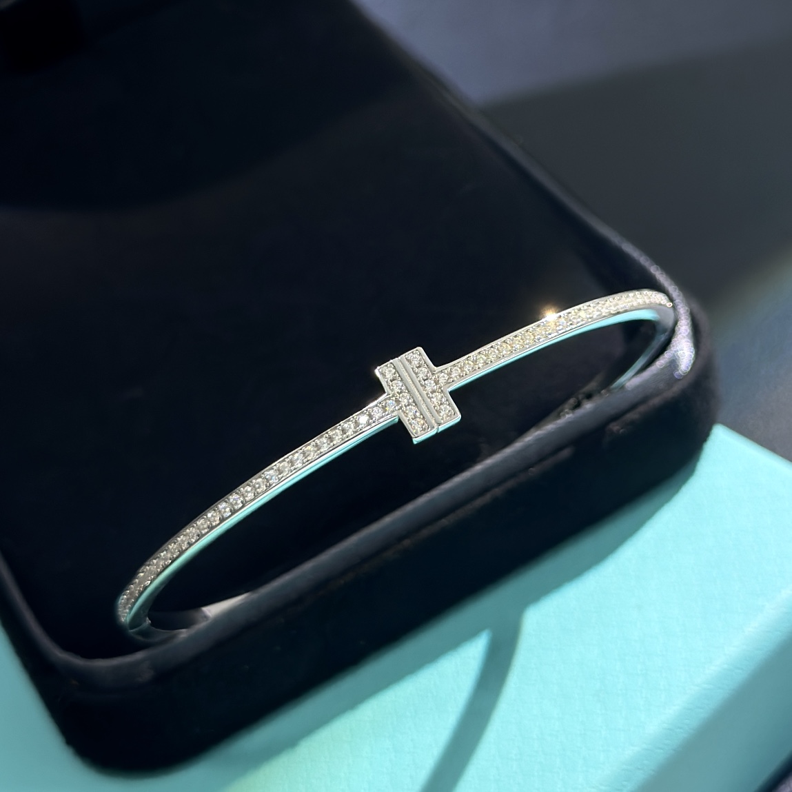 Tiffany & Co. 18K White Gold T Hinged Wire Bangle Bracelet - FashionPlug