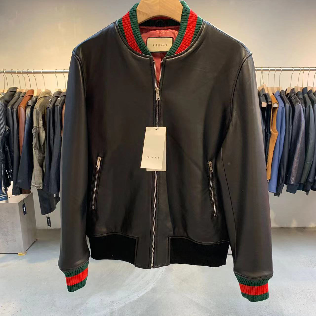Gucci Leather Jacket With Web - FashionPlug