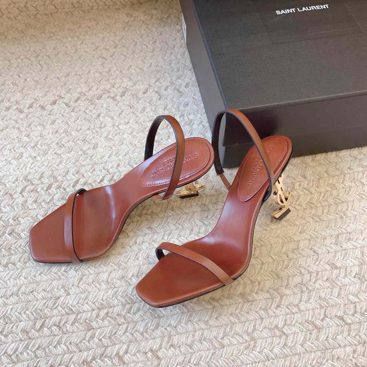 Saint Laurent Women's Brown Opyum 85 Leather Slingback Sandals - FashionPlug
