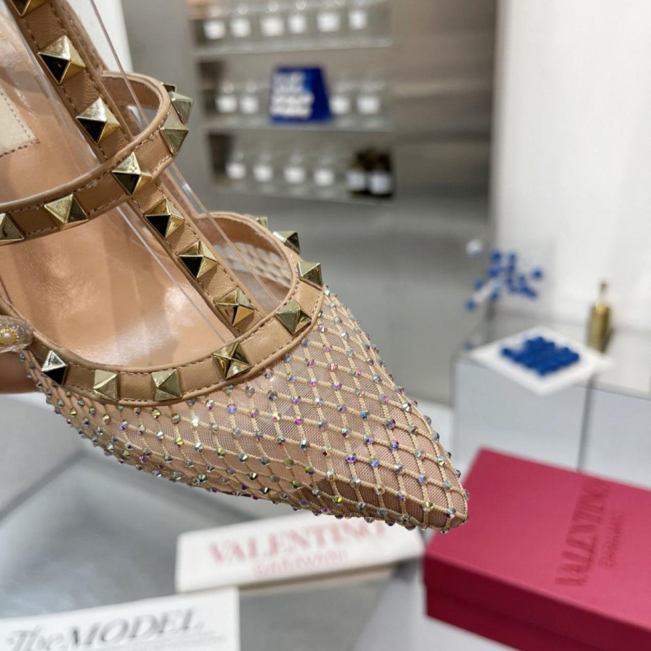 Valenti Rockstud Pumps Women Mesh With Crystals And Straps Apricot - FashionPlug