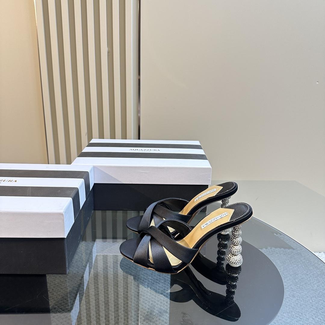 Aquazzura Black 105mm Yes Baby Satin Mules - FashionPlug