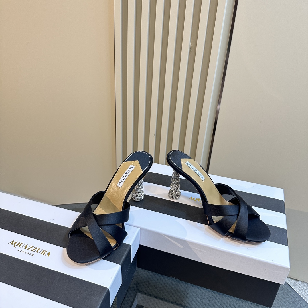 Aquazzura Black 105mm Yes Baby Satin Mules - FashionPlug