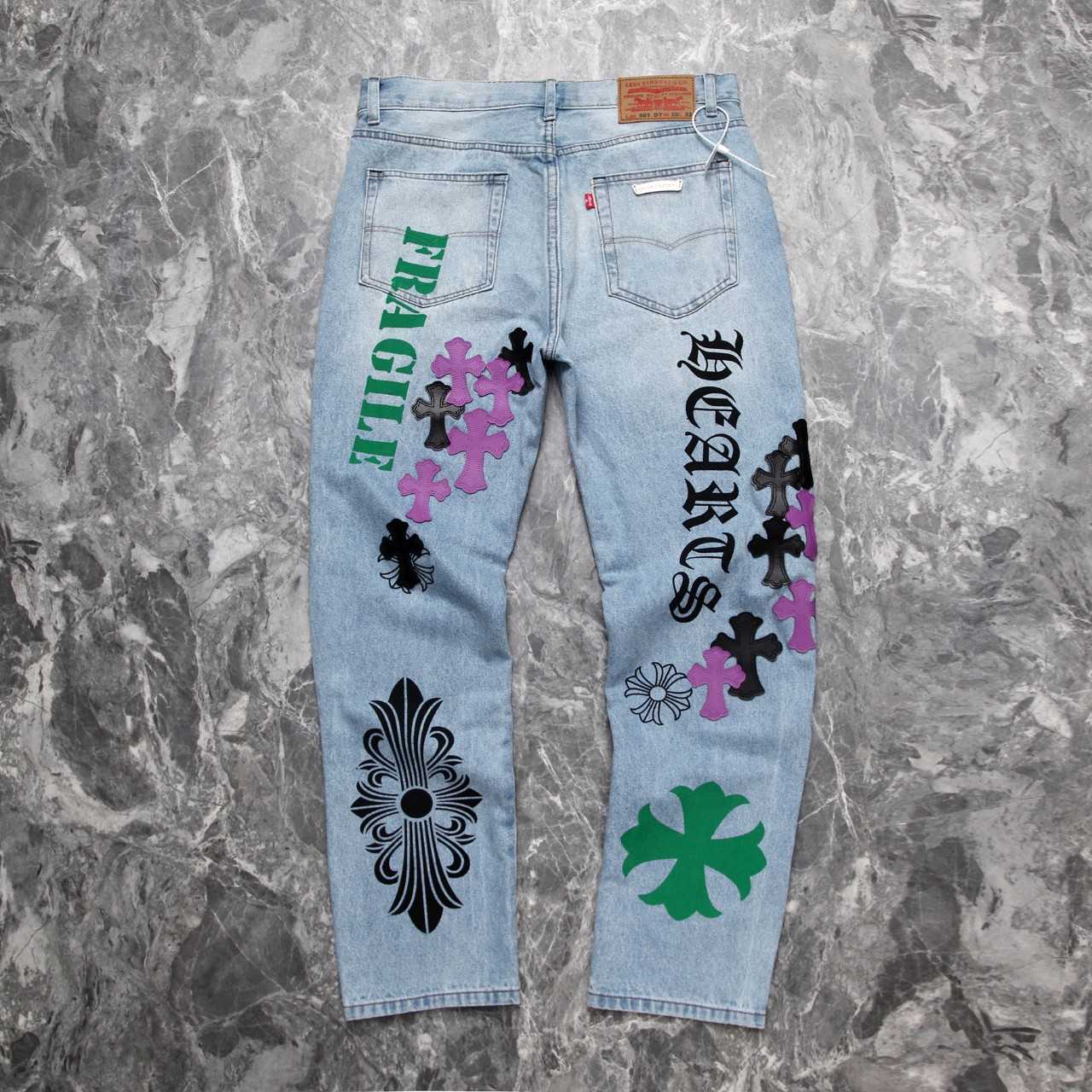 Chrome Heart Cross Patch Denim Jeans - FashionPlug