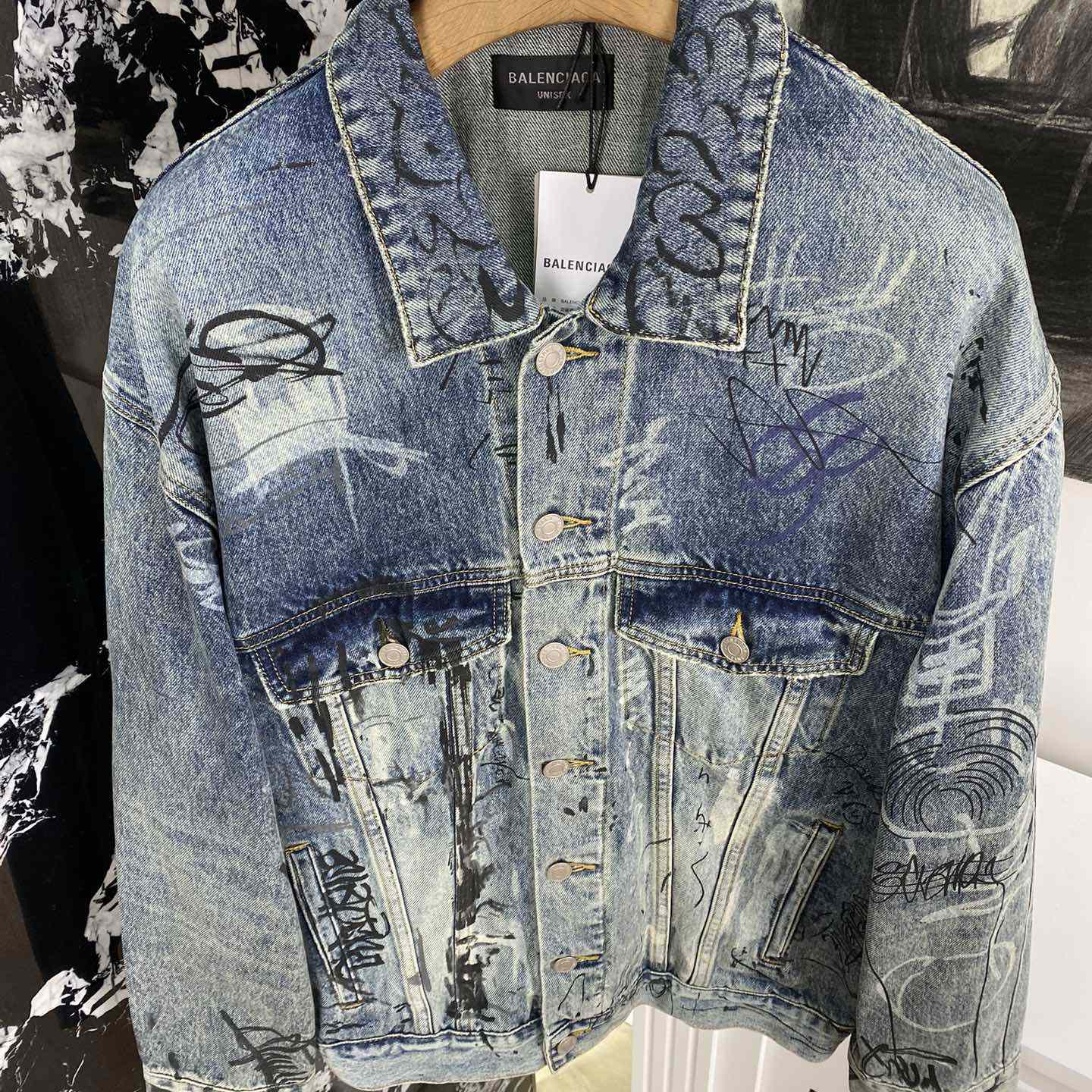 Balenciaga Blue Graffiti Denim Jacket Coat - FashionPlug