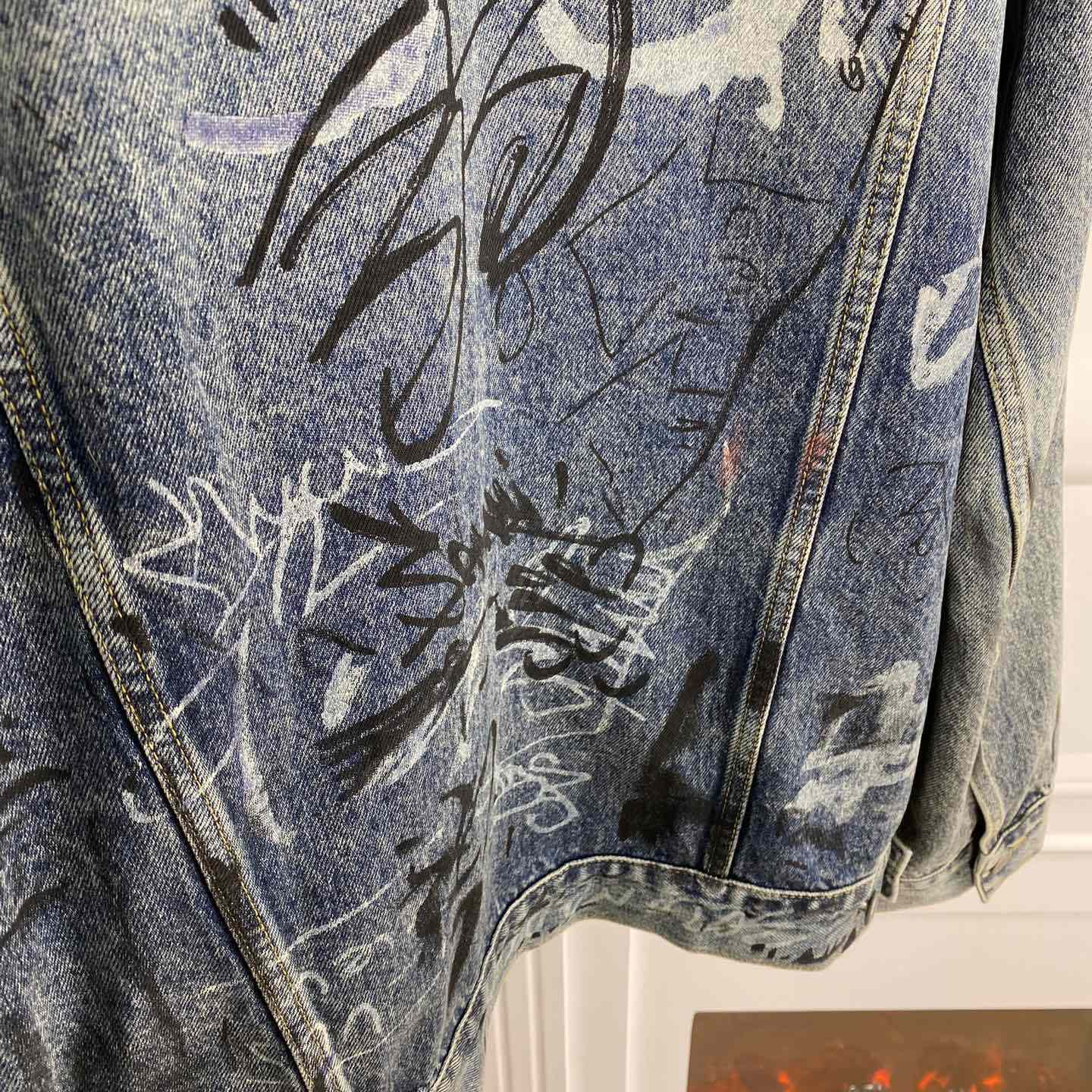 Balenciaga Blue Graffiti Denim Jacket Coat - FashionPlug