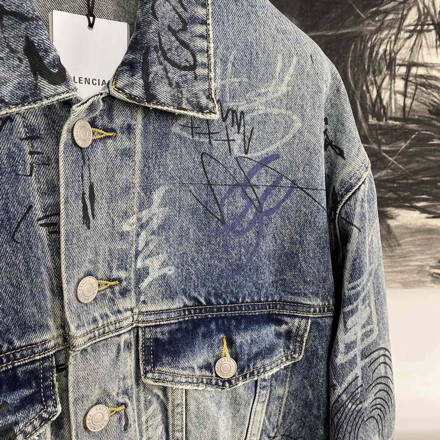 Balenciaga Blue Graffiti Denim Jacket Coat - FashionPlug