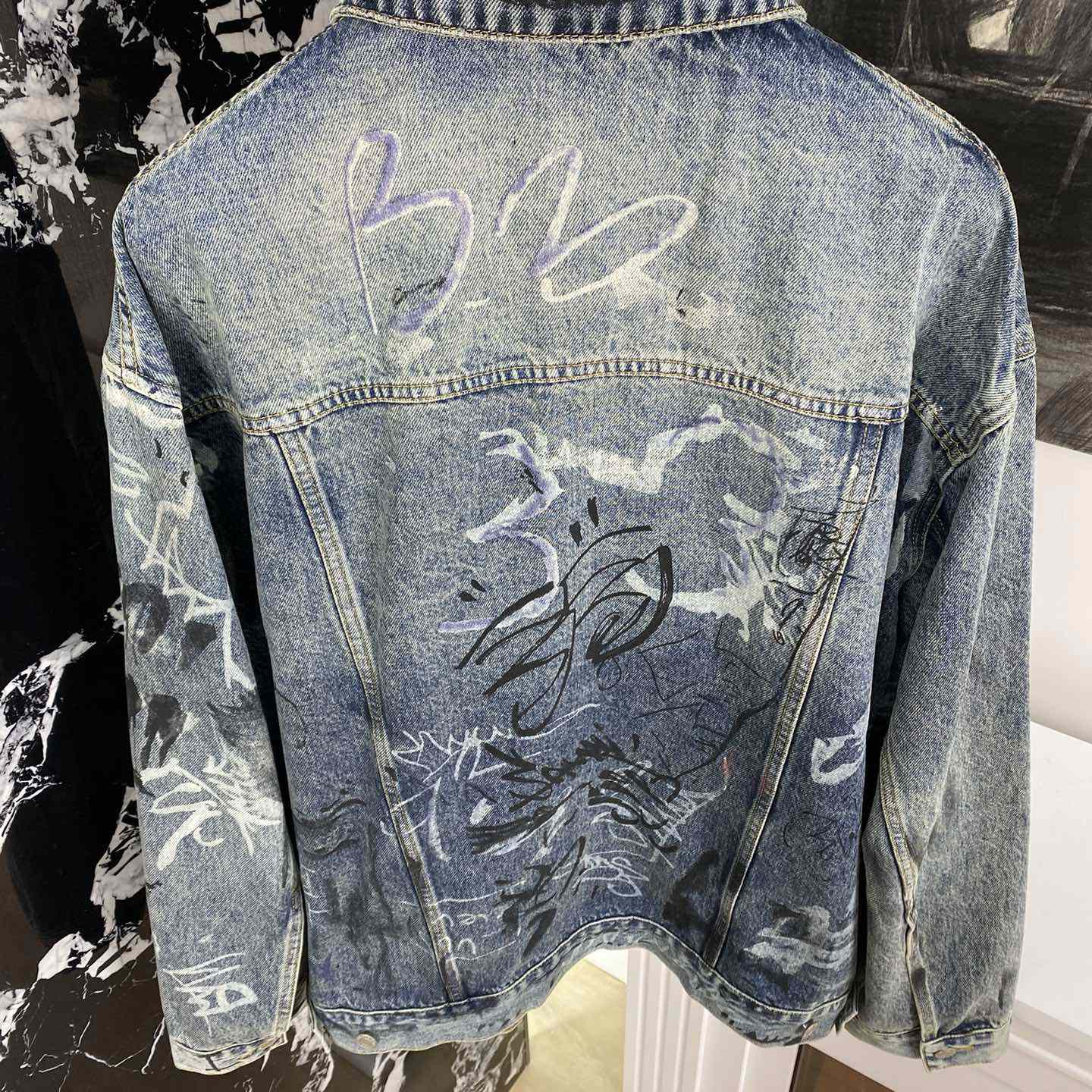 Balenciaga Blue Graffiti Denim Jacket Coat - FashionPlug