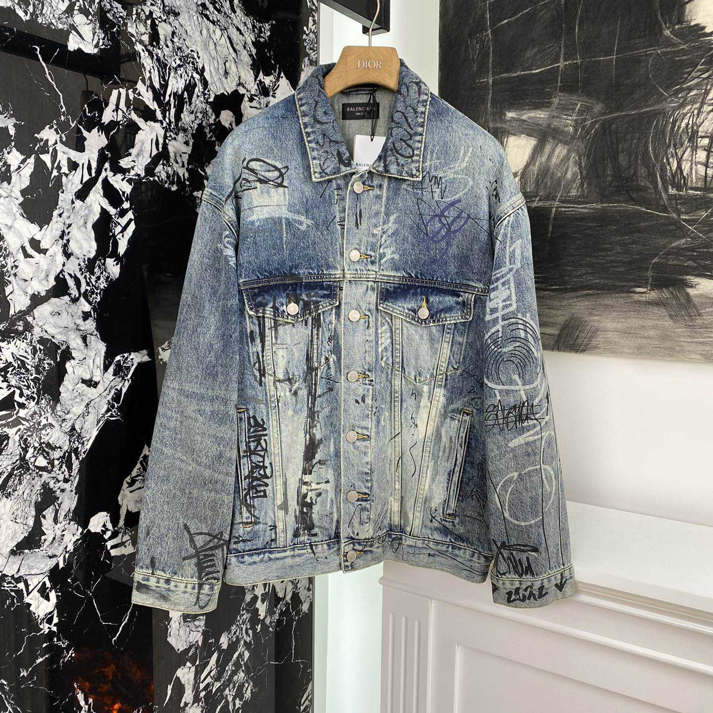 Balenciaga Blue Graffiti Denim Jacket Coat - FashionPlug