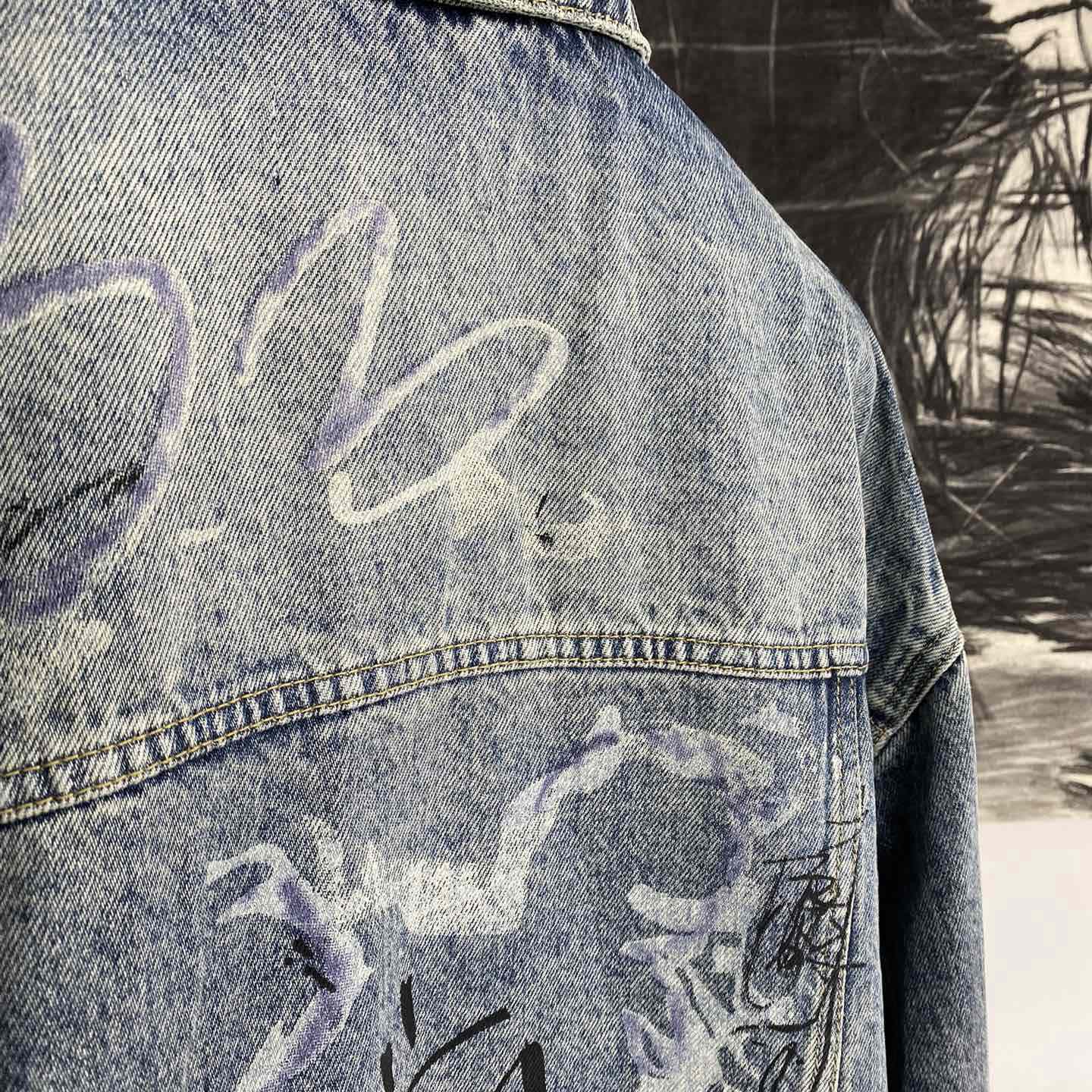 Balenciaga Blue Graffiti Denim Jacket Coat - FashionPlug