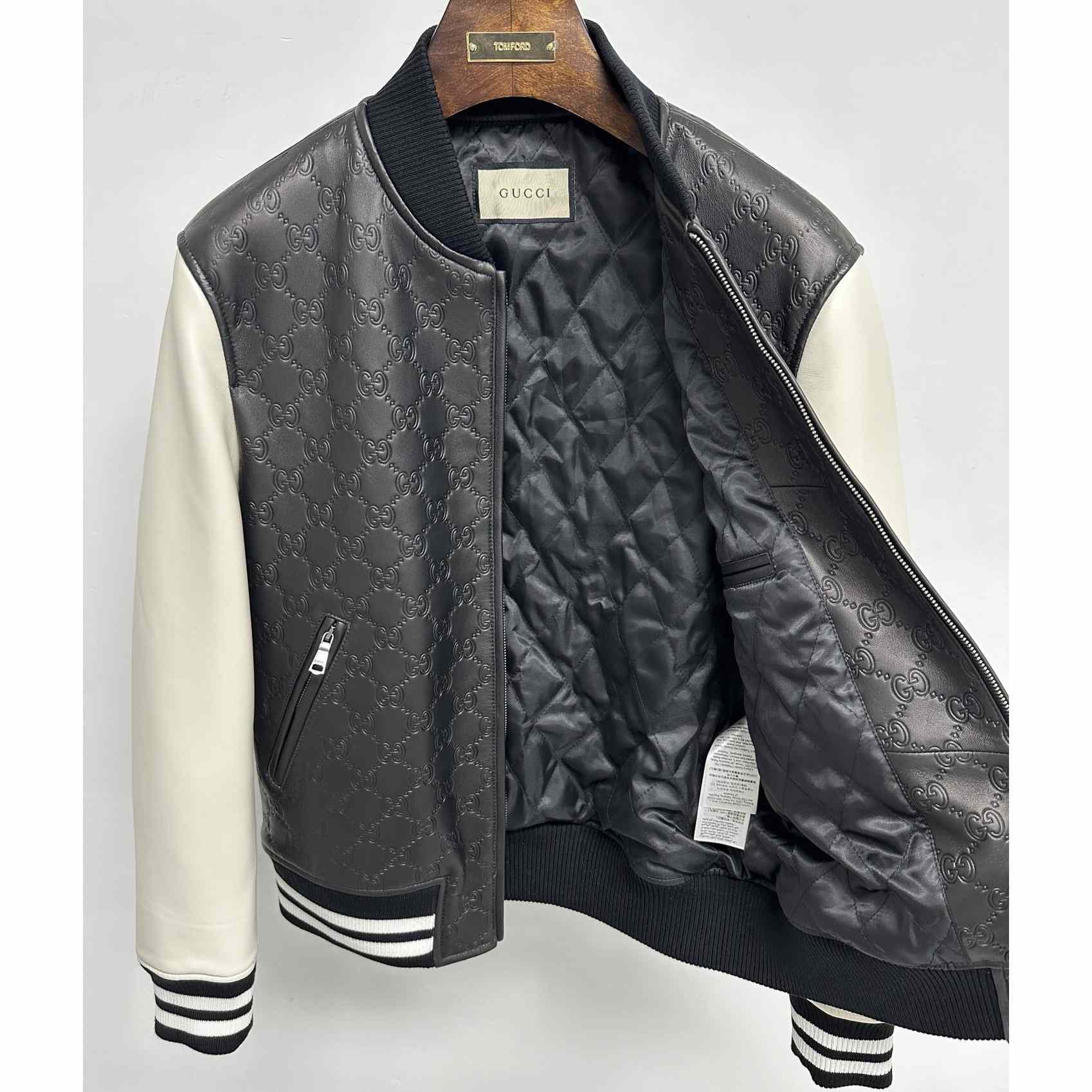 Gucci Embossed GG Leather Bomber Jacket  - FashionPlug