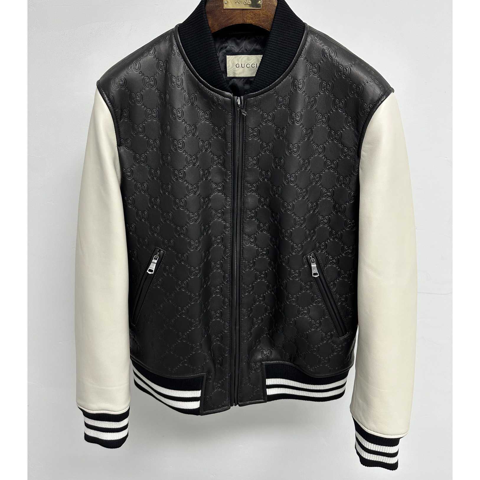 Gucci Embossed GG Leather Bomber Jacket  - FashionPlug