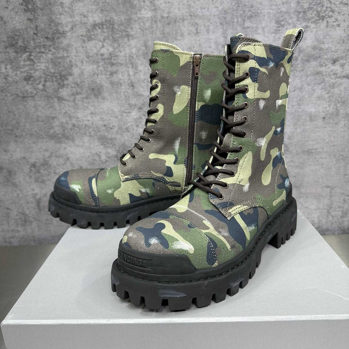 Balenciaga Strike 20mm Boot In Dark Green Camo Print On Canvas - FashionPlug