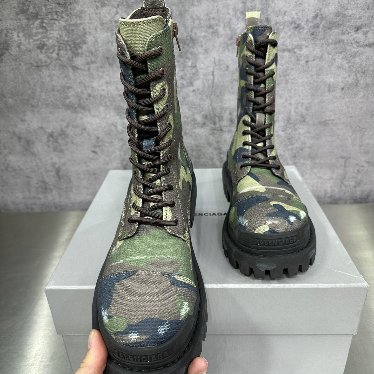 Balenciaga Strike 20mm Boot In Dark Green Camo Print On Canvas - FashionPlug