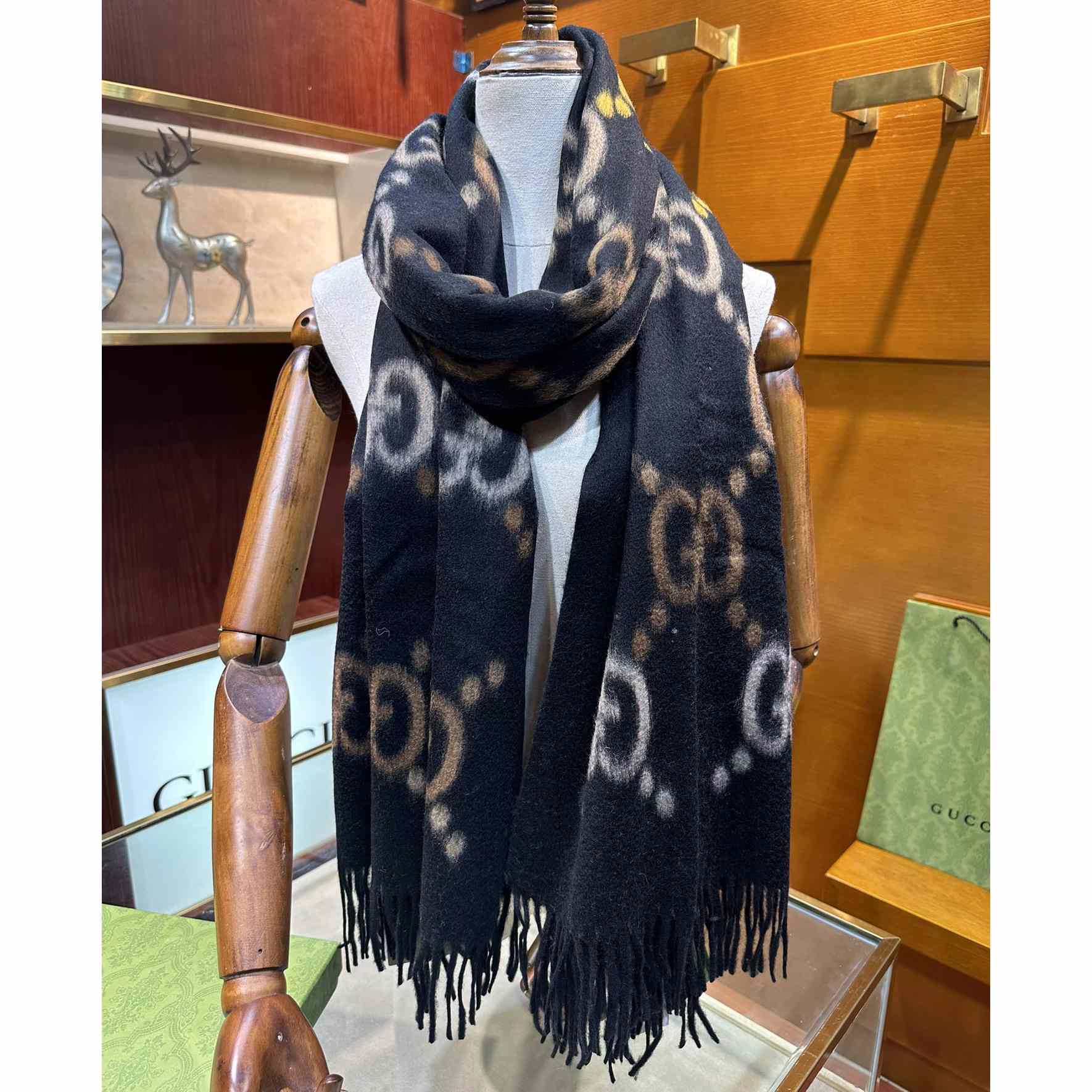 Gucci GG Jacquard Wool Silk Scarf - FashionPlug