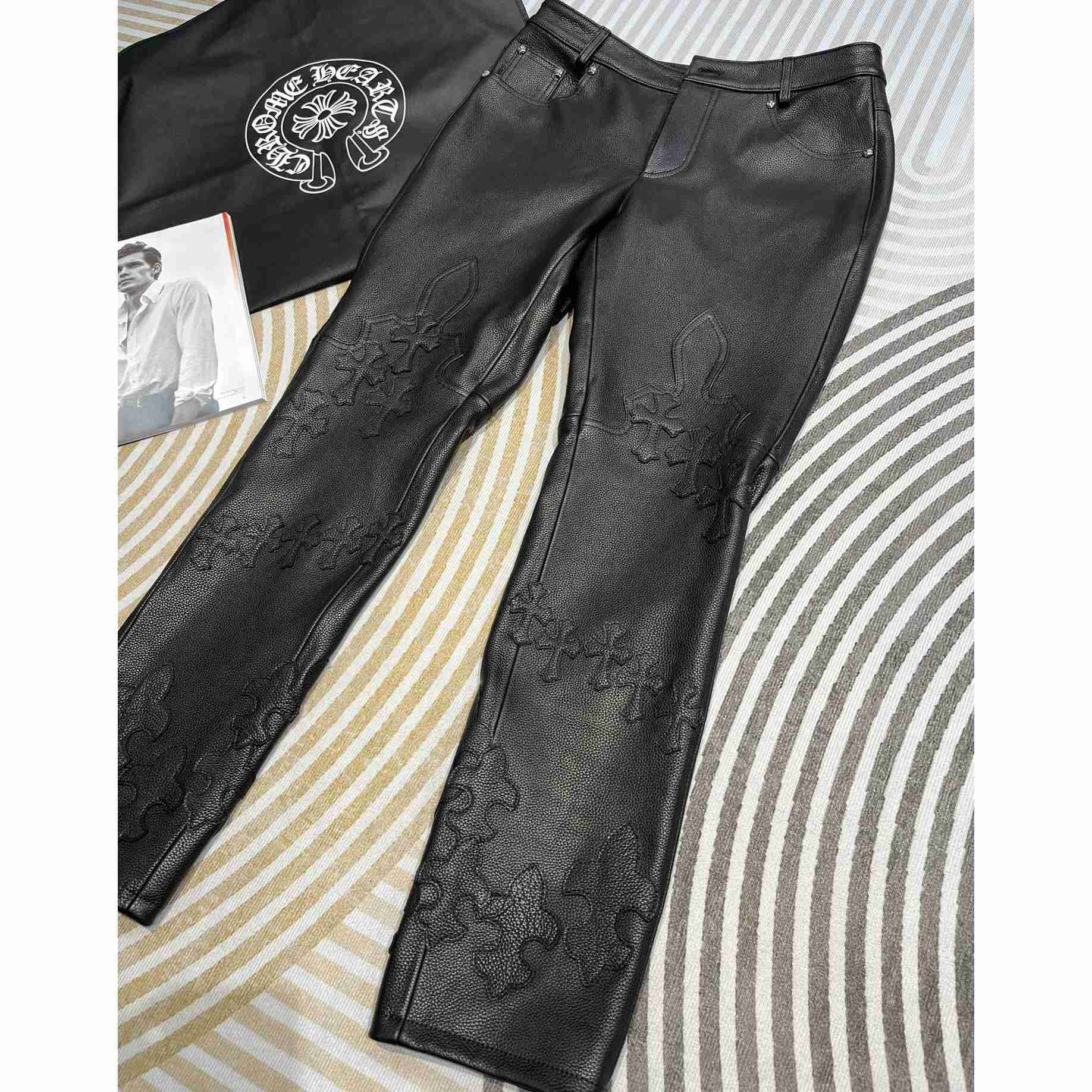 Chrome Heart Cross Patch Leather Pants - FashionPlug