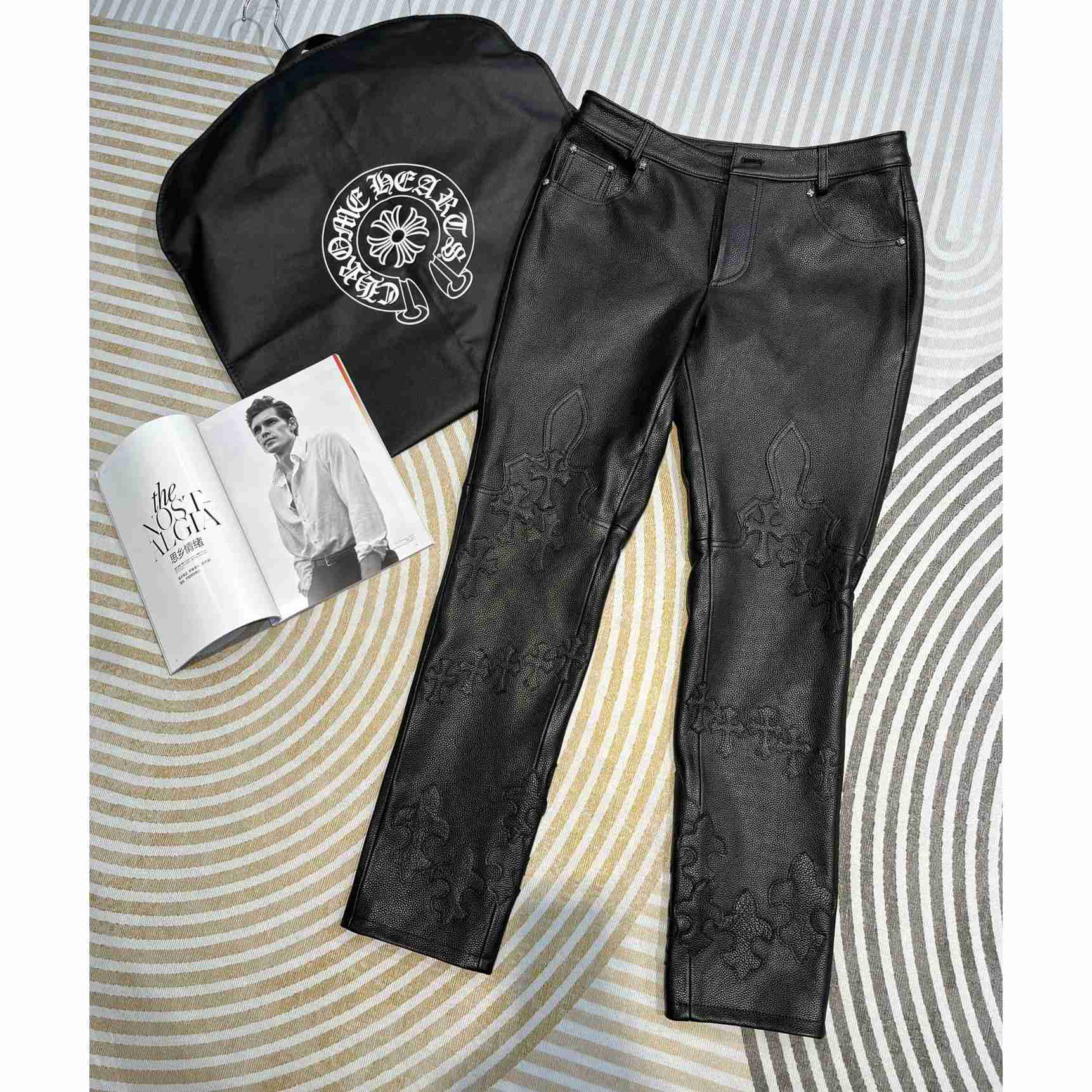 Chrome Heart Cross Patch Leather Pants - FashionPlug