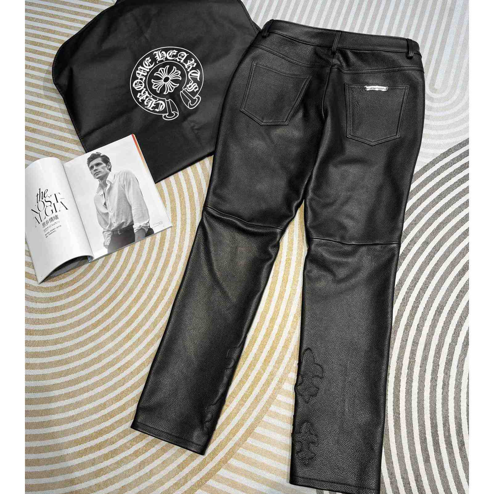 Chrome Heart Cross Patch Leather Pants - FashionPlug