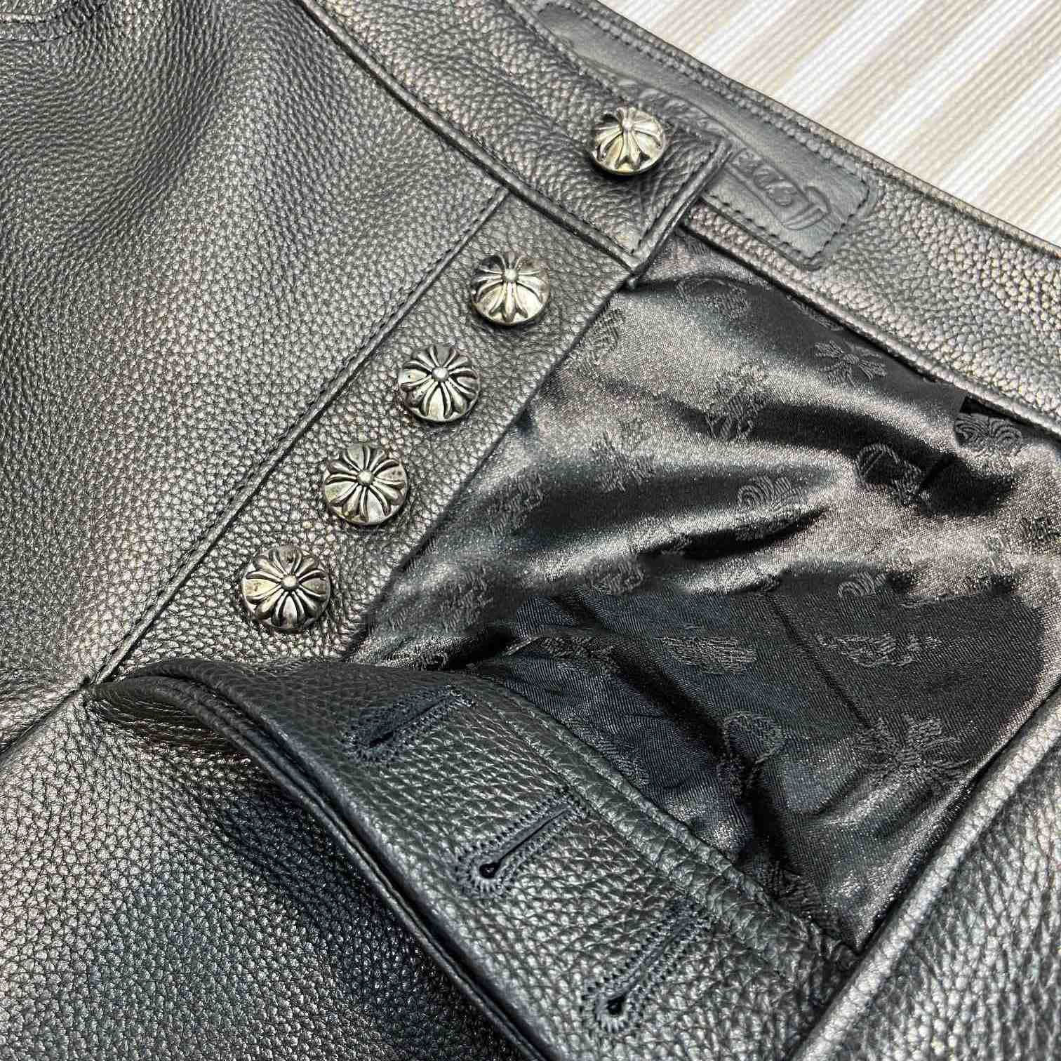 Chrome Heart Cross Patch Leather Pants - FashionPlug