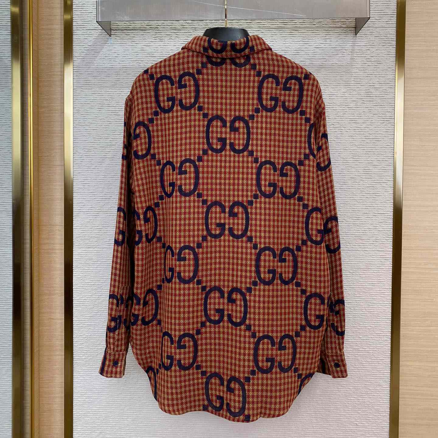 Gucci Brown Maxi GG Gingham Wool Shirt - FashionPlug