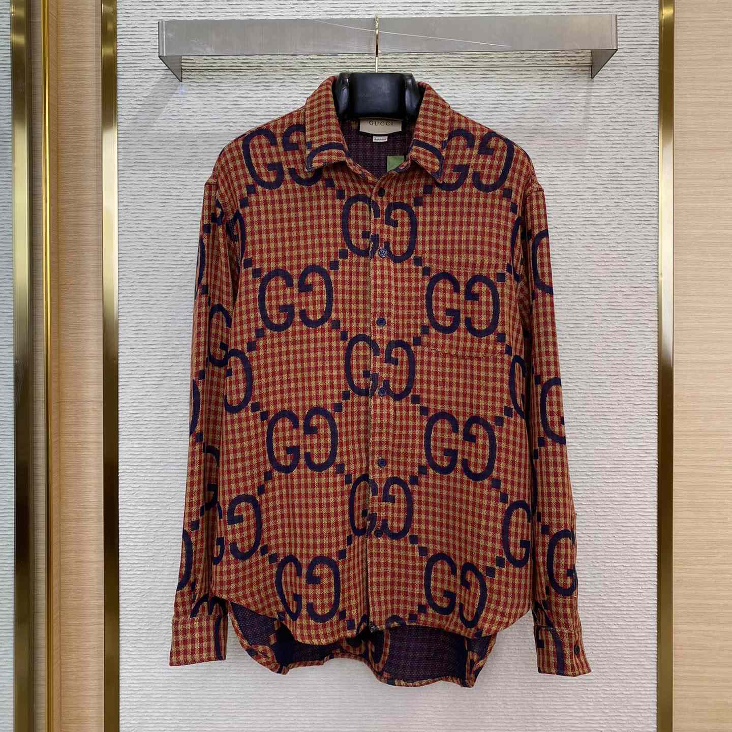 Gucci Brown Maxi GG Gingham Wool Shirt - FashionPlug