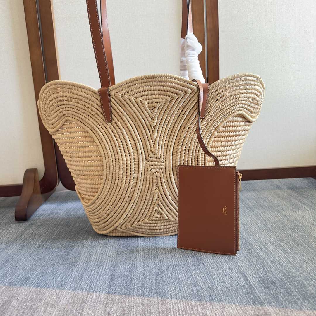 Celine Classic Panier Medium Braided Triomphe In Raffia And Calfskin - FashionPlug