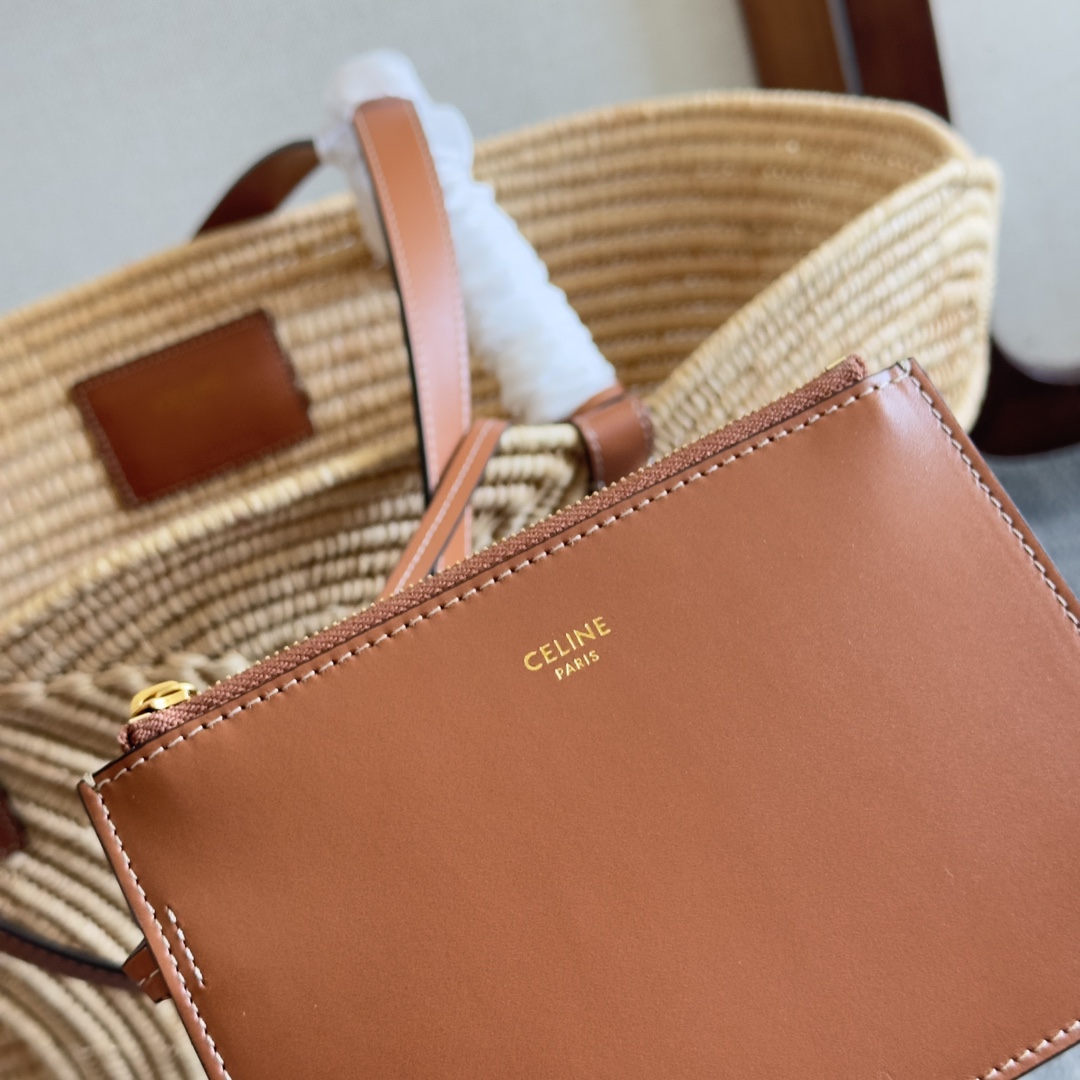 Celine Classic Panier Medium Braided Triomphe In Raffia And Calfskin - FashionPlug